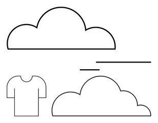 Cloud outlines, a t-shirt shape, and horizontal lines create an abstract scene. Ideal for environment, weather, fashion, technology, connectivity creativity and branding. Bold flat simple metaphor