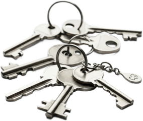Close-up of several metallic keys on a keyring, isolated on a transparent background.  Image showcases security, access, and ownership concepts. PNG image, ideal for various design projects