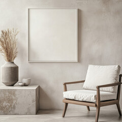 Minimalist interior with empty white frame on textured wall featuring wooden armchair with white cushions and dried flowers in vase
