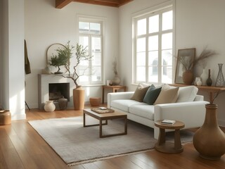 A luxurious Japandi-style living room with a serene ambiance, minimalist design, natural light with neutral tones, organic textures and elegance