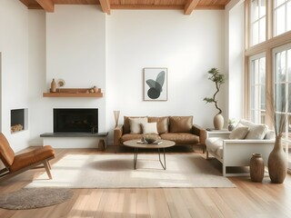 Fototapeta premium A luxurious Japandi-style living room with a serene ambiance, minimalist design, natural light with neutral tones, organic textures and elegance