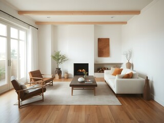 Fototapeta premium A luxurious Japandi-style living room with a serene ambiance, minimalist design, natural light with neutral tones, organic textures and elegance