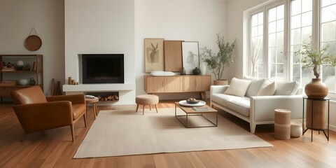A luxurious Japandi-style living room with a serene ambiance, minimalist design, natural light with neutral tones, organic textures and elegance