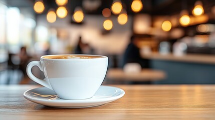 Fototapeta premium Elegant White Coffee Cup with Latte Art in Cozy Café Environment