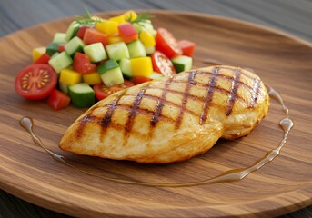 Juicy grilled chicken breast served with a vibrant fresh garden salad, beautifully presented on a warm wooden platter.