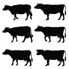 Black Cow silhouette vector icon set isolated on white background.