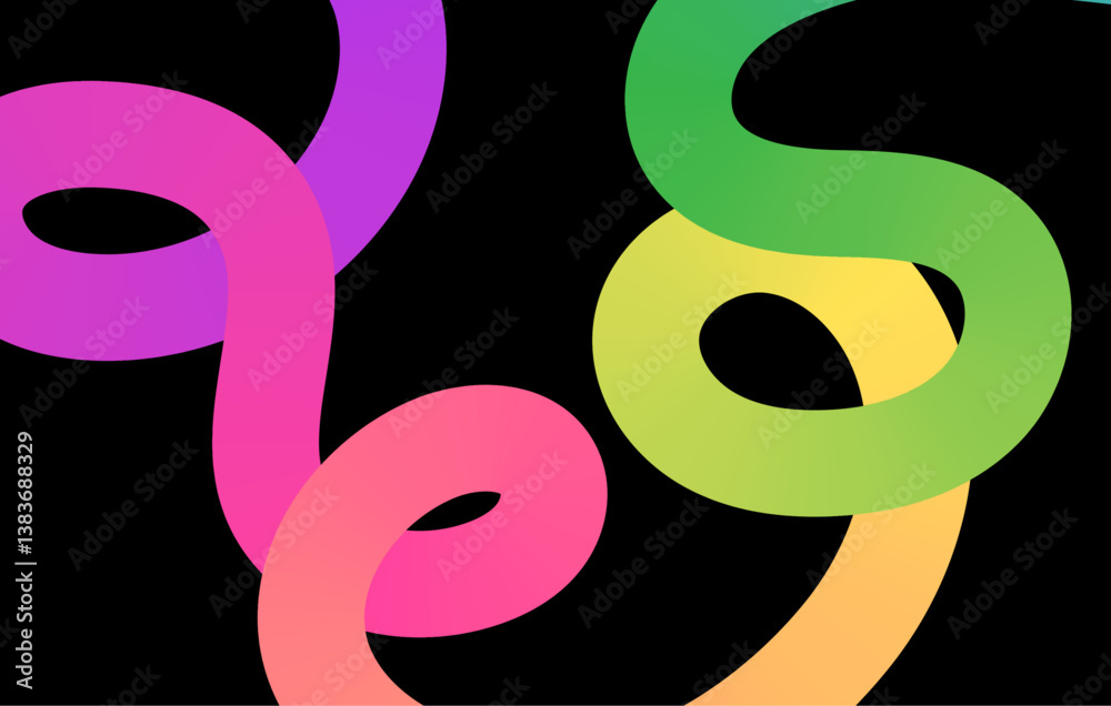Fototapete Abstract rainbow wavy line on black background with copy space. Squiggle doodle line wave pattern. Vector rainbow colored gradient curvy line shapes.