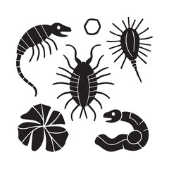 black and white vector design representing various microscopic organisms, often found in water ecosystems
