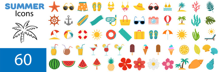 Summer vibe icon set. Set of cute vector illustrations: logo, watermelon, resort, swimsuit, sunglasses, sun, starfish, steering wheel, pineapple, rainbow, lounger, inflatable ring, umbrella.