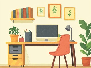 Cozy Home Office Setup Desk, Chair, Plants, and Artwork