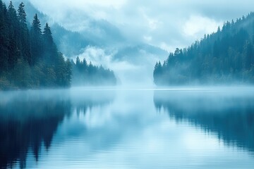 Fototapeta premium Serene Misty Lake in the Mountains