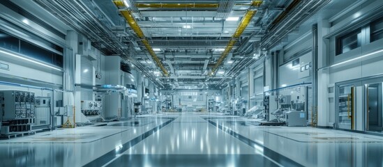 Clean, modern industrial facility interior; long corridor with high ceilings and advanced machinery
