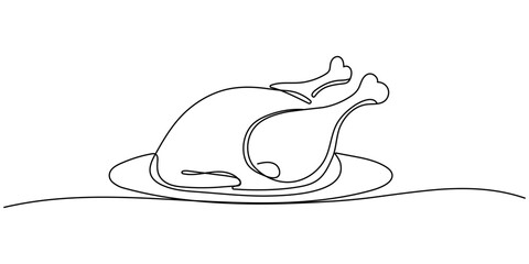 Turkey or chicken one line art, fried poultry meat continuous contour drawing,hand-drawn Thanksgiving Day traditional food,hot dish outline festive design decoration. Editable stroke.