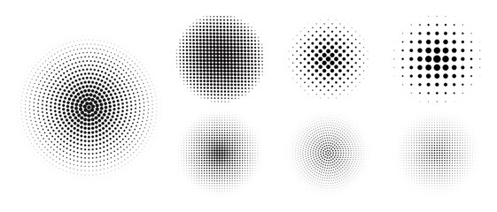 Set of halftone dots pattern texture isolated on white background. Dotted spots using halftone circle dot raster texture collection. Vector half tone collection.