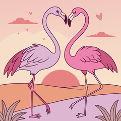 Fototapeta premium A pair of flamingos forming a heart shape