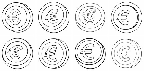 Euro Coin Outline Coloring Book Page Line Art Drawing Set White Background