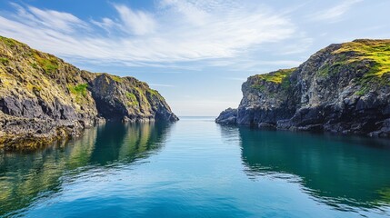 Calm Water Between Rocky Cliffs with Green Grass and Cloudy Sky