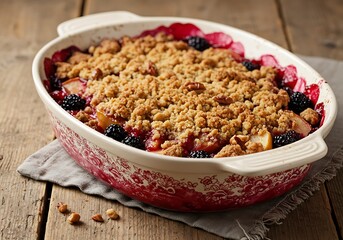 A rustic apple and blackberry crumble, warm and comforting, baked to golden perfection in a charming vintage-style baking dish.