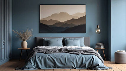 Cozy bedroom with a stylish headboard, muted blue bedding, and an artistic mix of decor, books, and natural textures
modern bedroom with minimalist decor and warm lighting.
