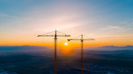 Sunrise Cityscape With Construction Cranes
