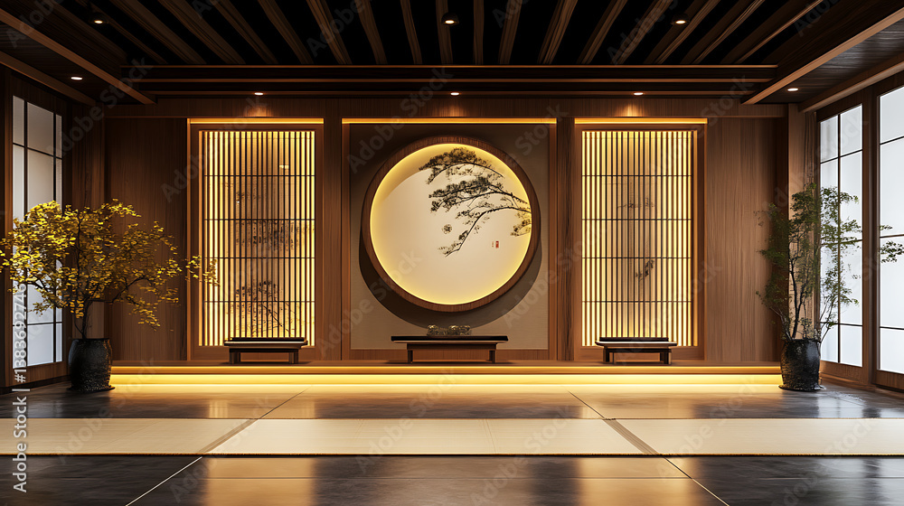 Poster modern exhibit with quadruple framing illuminated by subtle recessed lighting