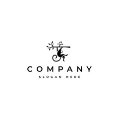 monkey logo hanging on tree in black flat silhouette vector design style