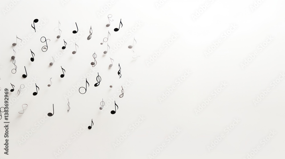 Fototapete A single large eighth note in focus with other smaller notes scattered around it on a plain white background