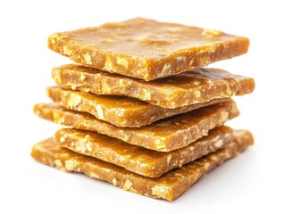 A stack of brown cookies with nuts on top