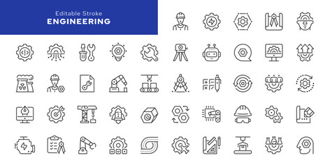 Engineering line icon set. Blueprint, engineer, engineering technology, design, project, production, construction, manufacturing and more. Outline vector icons. Series of pictograms.