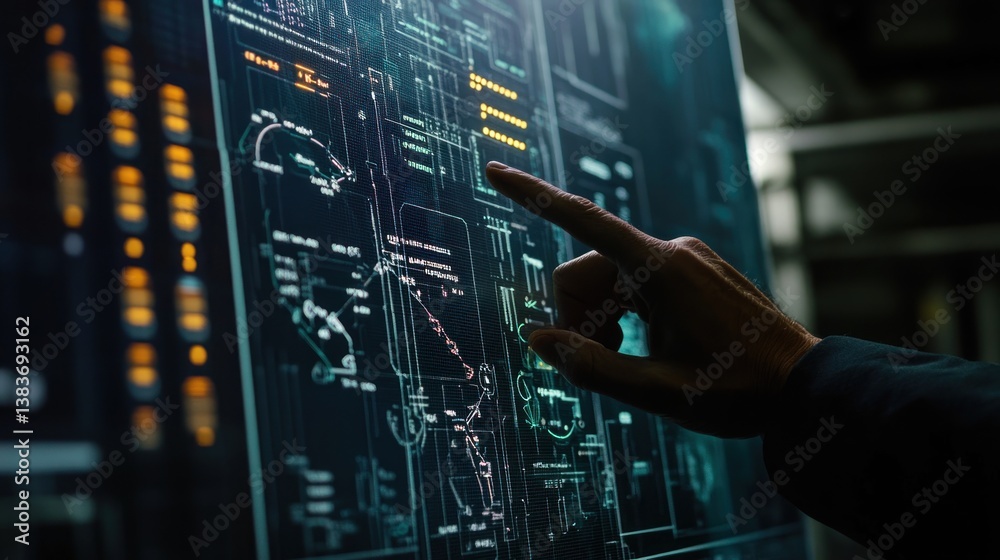 Poster advanced technology interface: a hand interacting with a futuristic digital display showing complex 