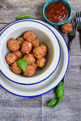 Mini pork meatballs with salsa filling.
 Party fingerfood. Diet  ketogenic food.