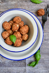 Mini pork meatballs with salsa filling.
 Party fingerfood. Diet  ketogenic food.