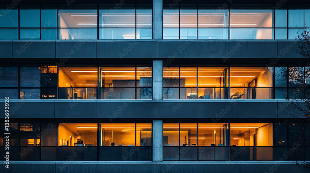 Poster defocused modern office with desks and large windows