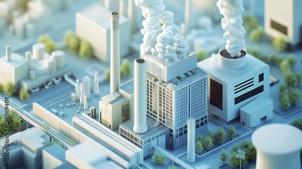 Poster modern power plant generating electricity with sustainable green strategies to reduce co2 emissions,