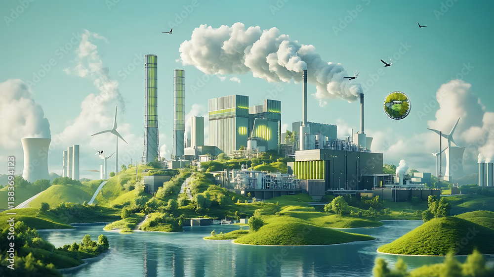 Poster modern power plant generating electricity with sustainable green strategies to reduce co2 emissions,