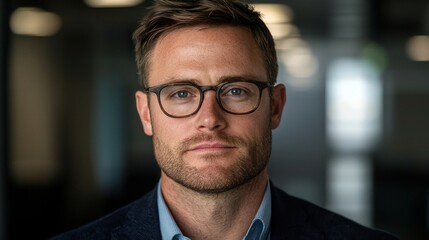Fototapeta premium Confident Caucasian male with glasses, showcasing a focused expression in a modern office environment.