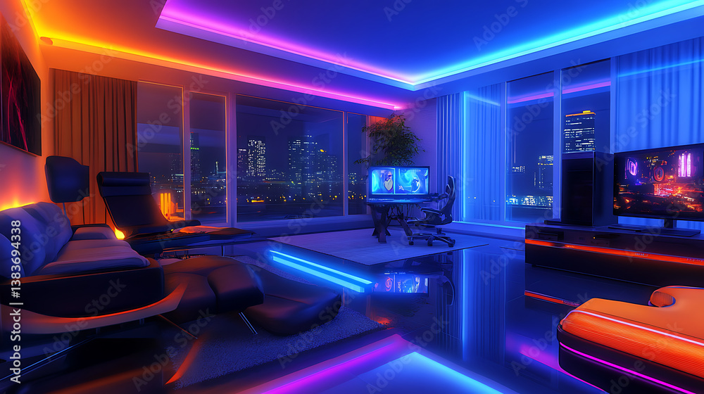 Poster modern room with modern computer and illuminated by colored leds, gamer room