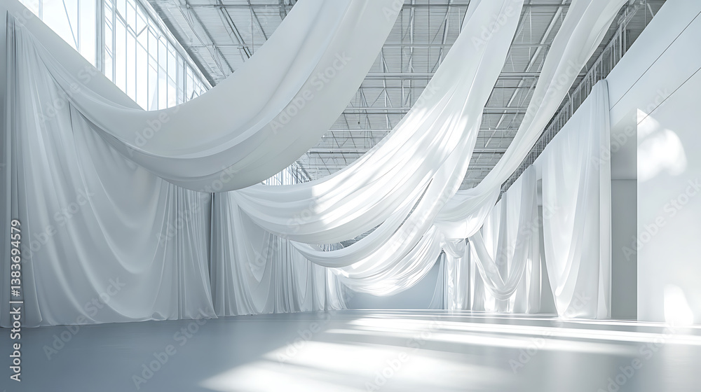 Poster modern warehouse with an angular roof design and white draping cloth, architectural purity concept