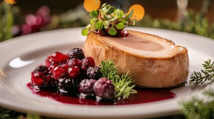 Plated Meat Dish with Berries and Herbs on White Plate