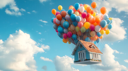 Moving house concept with residential house ready to be lifted off by thousands of balloons