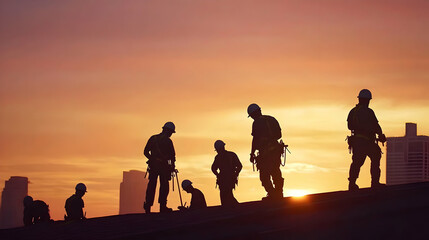 Construction Workers Silhouette On Rooftop At Sunset Cityscapes