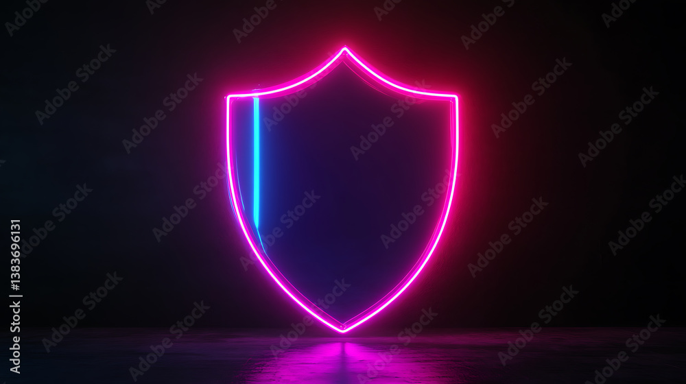 Poster Neon shield, against the background of big data, cyber security concept, encryption, cyber security and information or network protection, data protection cyber security privacy business, 3d artwork
