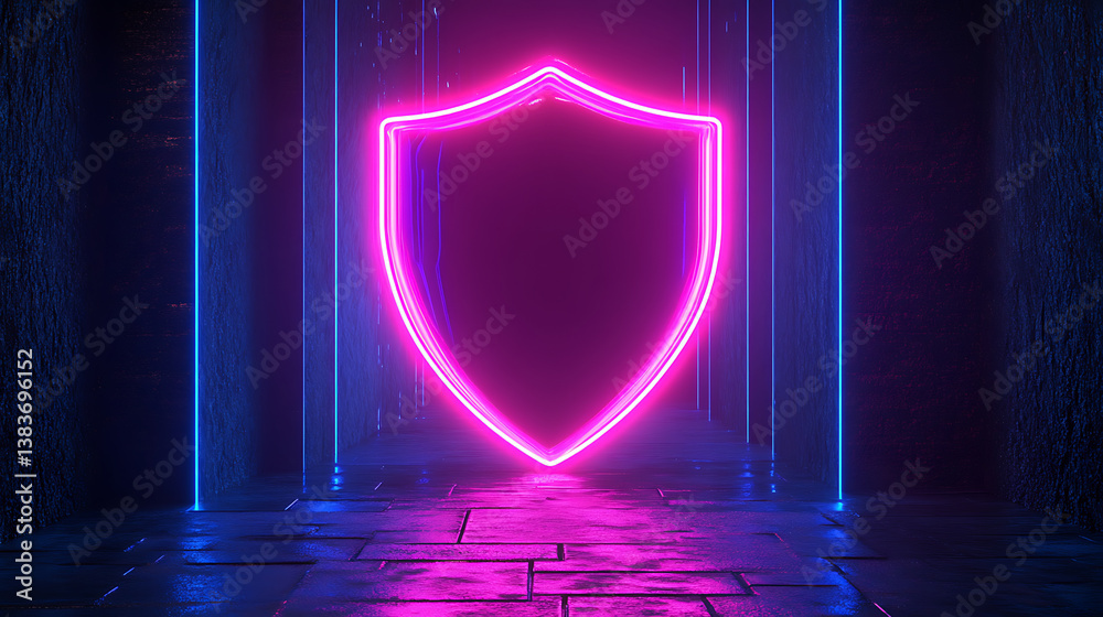 Poster neon shield, against the background of big data, cyber security concept, encryption, cyber security 