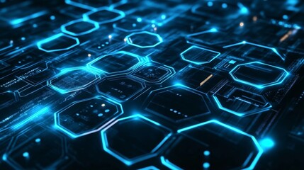 Pulsating neon blue hexagons dance over dark tech grid, creating a futuristic digital rhythm