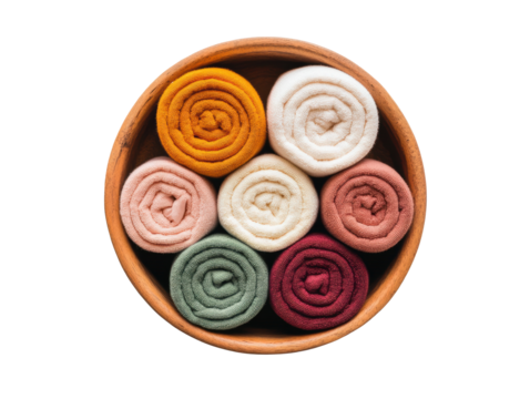 Cozy rolled towels in a wooden bowl for home decor inspiration on a transparent background, cut out