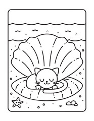 Cute kawaii summer coloring pages, kawaii animals coloring pages, summer, summer coloring page, bold & easy coloring pages, line art, vector illustration, black & white designs, kawaii characters