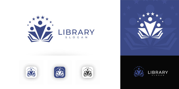 People figures rising from open books, surrounded by stars, symbolizing knowledge, community, success. Educational identity, branding for institutions. Vector logo