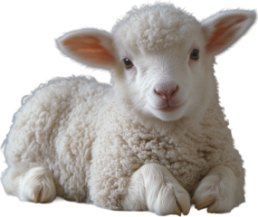 A lamb, lying down and facing slightly to the side lamb has white, fluffy wool and a pink nose cutout PNG on transparent background