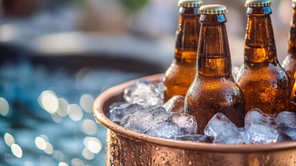 Three brown beer bottles in a copper ice bucket outdoors.