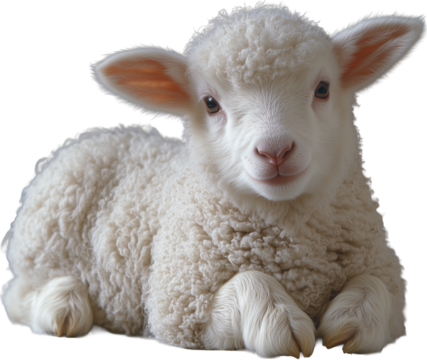 A lamb, lying down and facing slightly to the side lamb has white, fluffy wool and a pink nose cutout PNG on transparent background